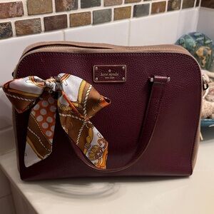 kate spade Burgundy Leather and Suede Satchel with bag scarf